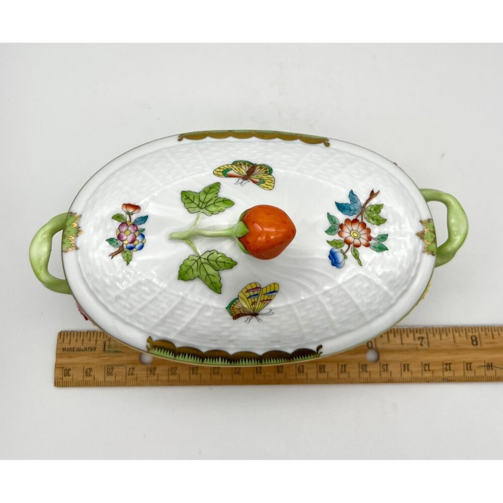 Herend Queen Victoria VBA Sugar Basin Candy Bon Bon Covered Dish Green Border - Picture 9 of 16